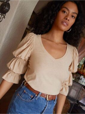 Nation LTD Toasted Marshmallow Poet Sleeve V-Neck Pima Cotton Katana Tee MEDIUM